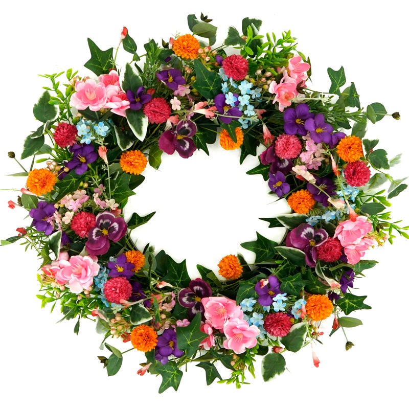 WreathDream Spring Summer Wreaths for Front Door Pansy Wreath with Pink Cherry Blossoms,Small Ball Bhrysanthemum for Indoor Outdoor Farmhouse Home Porch Wall Window Festival Wedding Decor - Image 1
