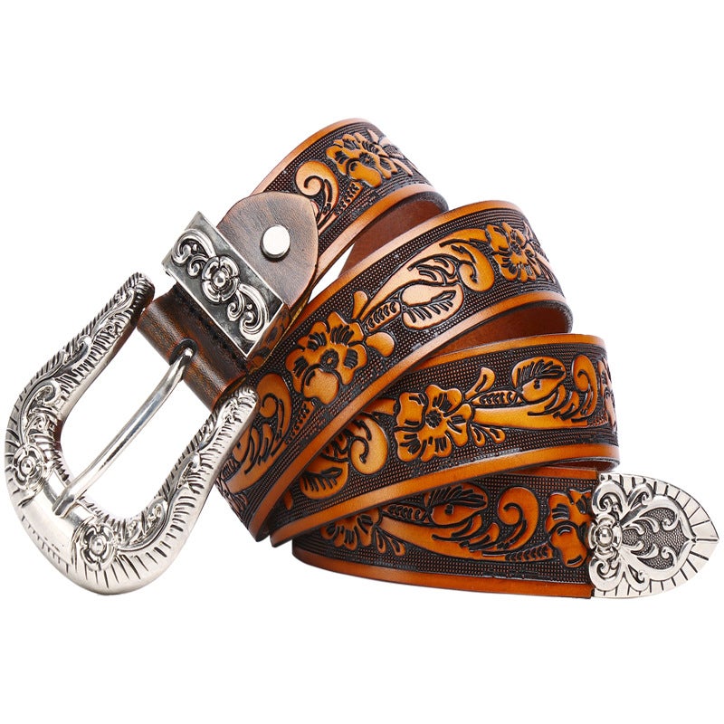 First layer cowhide small rose embossed leather carving women's belt inch three thin men's personalized belt lengthened neutral belt - Image 5