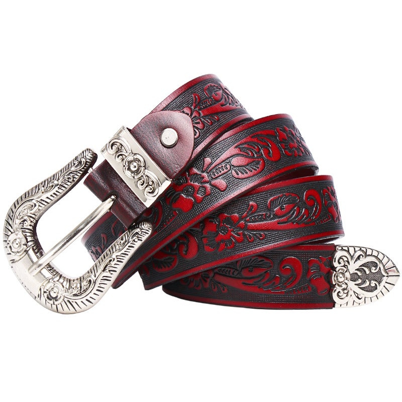 First layer cowhide small rose embossed leather carving women's belt inch three thin men's personalized belt lengthened neutral belt - Image 4