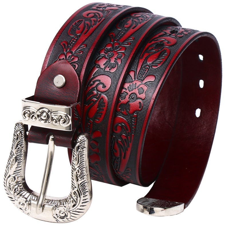 First layer cowhide small rose embossed leather carving women's belt inch three thin men's personalized belt lengthened neutral belt - Image 1