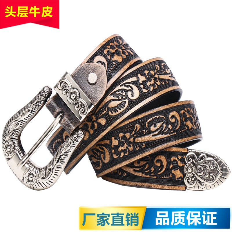 First layer cowhide small rose embossed leather carving women's belt inch three thin men's personalized belt lengthened neutral belt - Image 2