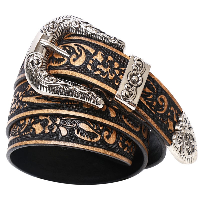 First layer cowhide small rose embossed leather carving women's belt inch three thin men's personalized belt lengthened neutral belt - Image 3