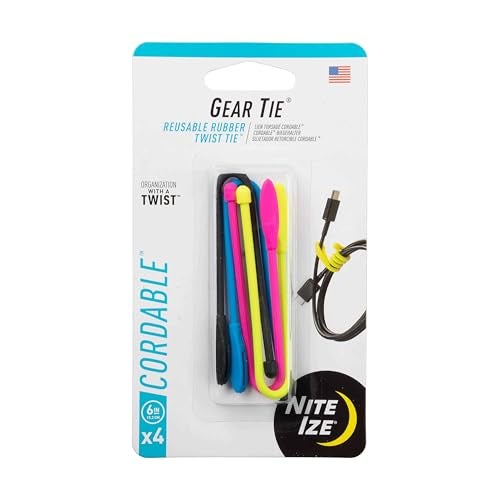 Nite Ize Gear Tie Cordable, The Orginal Reusable Rubber Twist Tie with Stretch-Loop For Cord Management + Storage, 6-Inch, Assorted Colors, 4 Pack, Made in the USA - Image 1