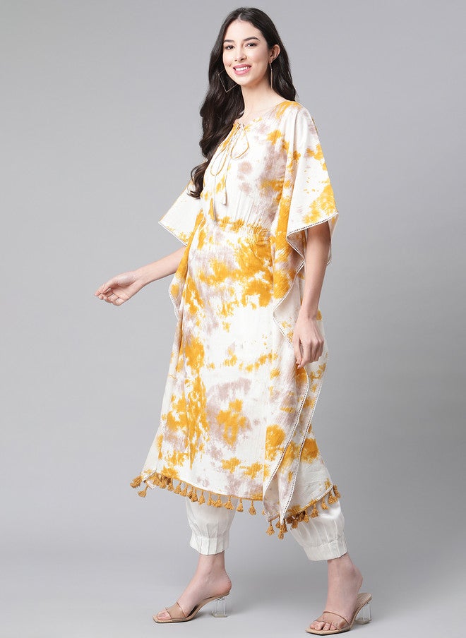 Indibelle Mustard Yellow & White Tie & Dye Kaftan Kurta for Women - Image 3