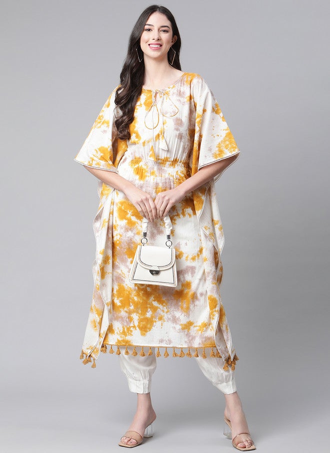 Indibelle Mustard Yellow & White Tie & Dye Kaftan Kurta for Women - Image 5