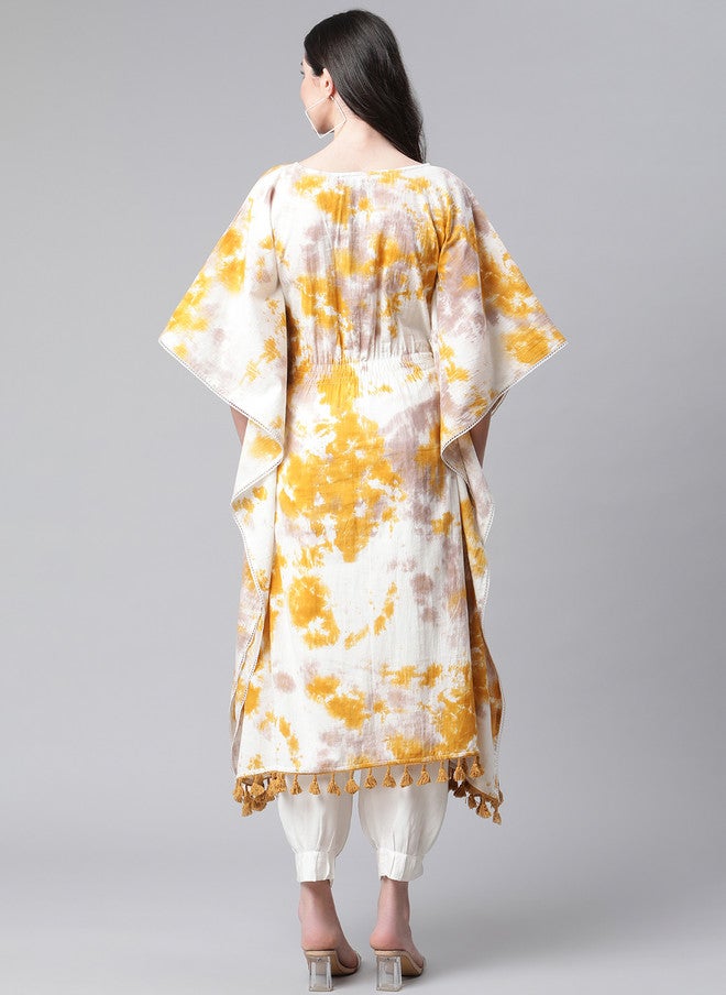 Indibelle Mustard Yellow & White Tie & Dye Kaftan Kurta for Women - Image 4