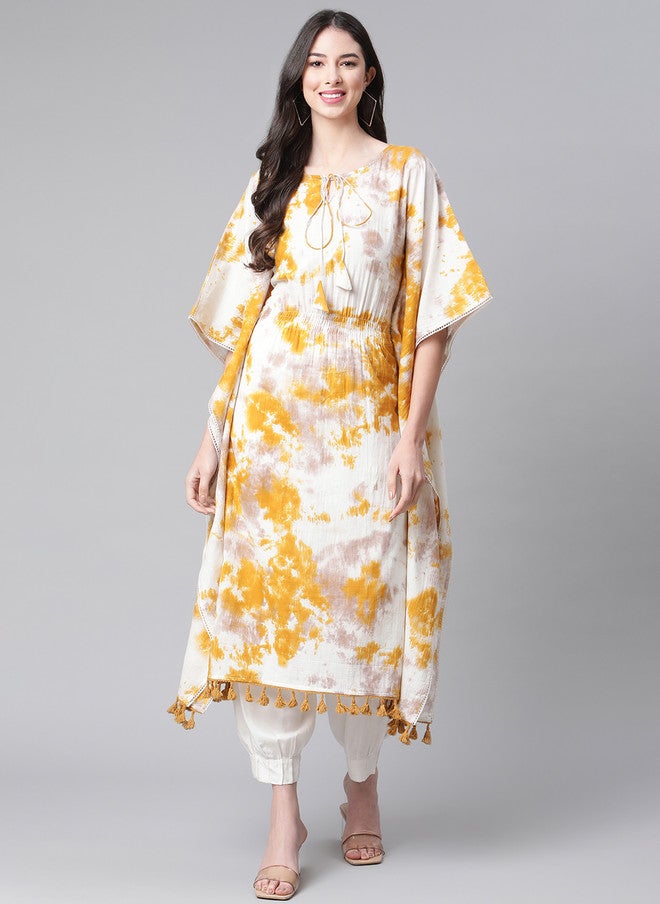 Indibelle Mustard Yellow & White Tie & Dye Kaftan Kurta for Women - Image 1