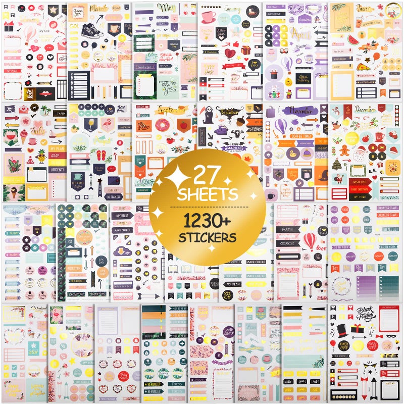 2025 Stylish Monthly Planner Stickers27 Sheets Set of 1230 pcs Happy Planner Stickers and Accessories for Journals Calendars Decorating Planners