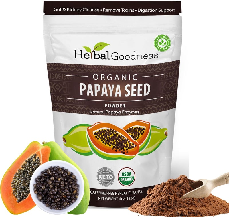Herbal Goodness مسحوق بذور البابايا العضوي إنزيم هضمي دعم صحة الأمعاء تطهير طبيعي تنظيف القولون مع الباباين 4 أونصات غير معدلة وراثيًا 1 عبوة - Image 1