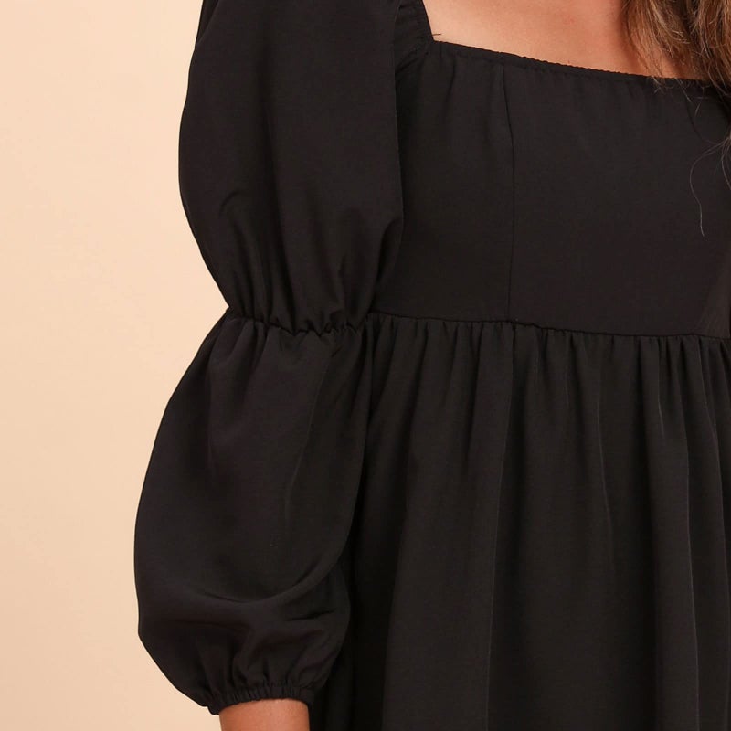 EXLURA Womens Square Neck Dress Long Puff Sleeve A-Line Casual Short Mini Dress Black - Image 5