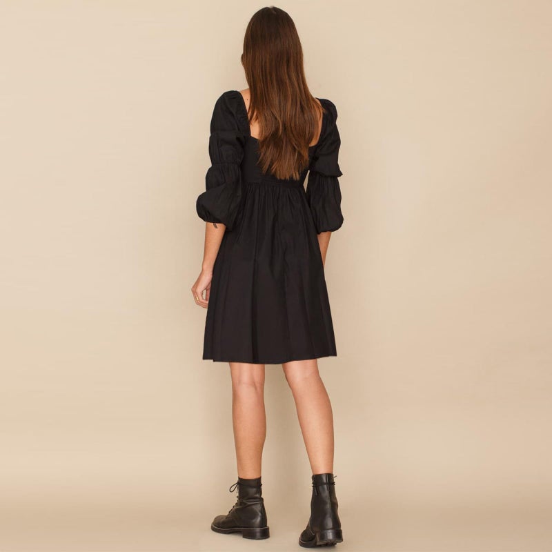 EXLURA Womens Square Neck Dress Long Puff Sleeve A-Line Casual Short Mini Dress Black - Image 3