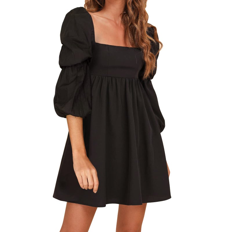 EXLURA Womens Square Neck Dress Long Puff Sleeve A-Line Casual Short Mini Dress Black - Image 1
