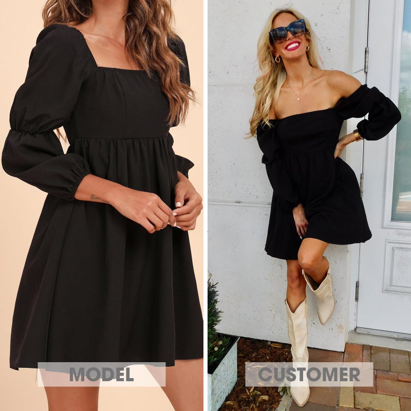 EXLURA Womens Square Neck Dress Long Puff Sleeve A-Line Casual Short Mini Dress Black - Image 2