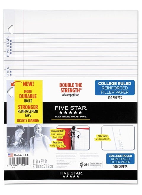 Loose Leaf Paper 3 Hole Punched Reinforced Filler Paper College Ruled Paper 100 Sheets/Pack