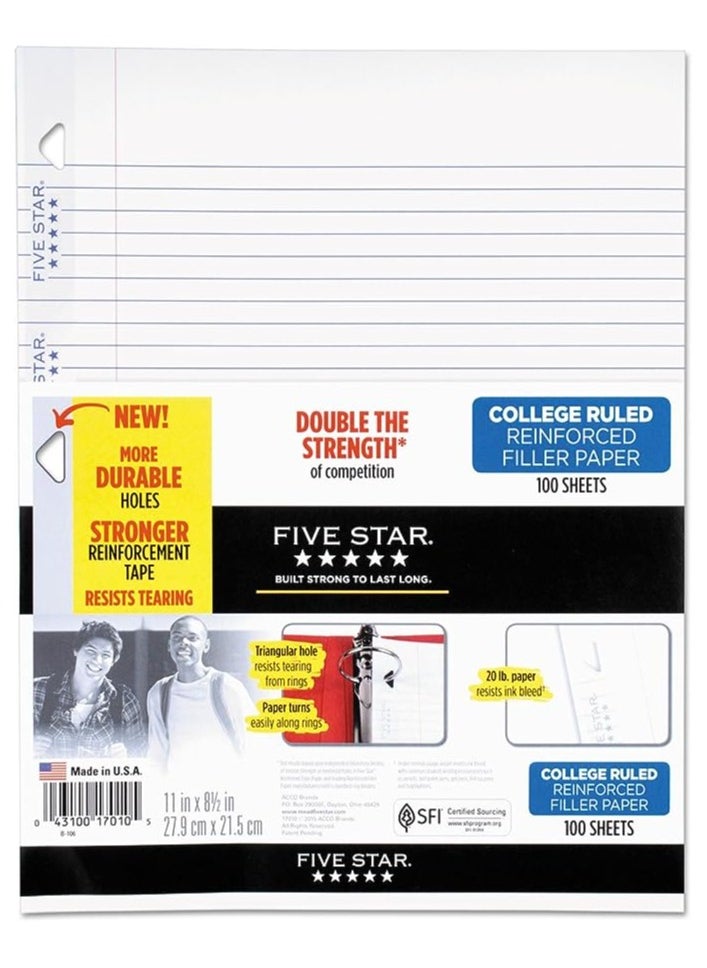 Five Star - Loose Leaf Paper 3 Hole Punched Reinforced Filler Paper College Ruled Paper 100 Sheets/Pack - Image 1