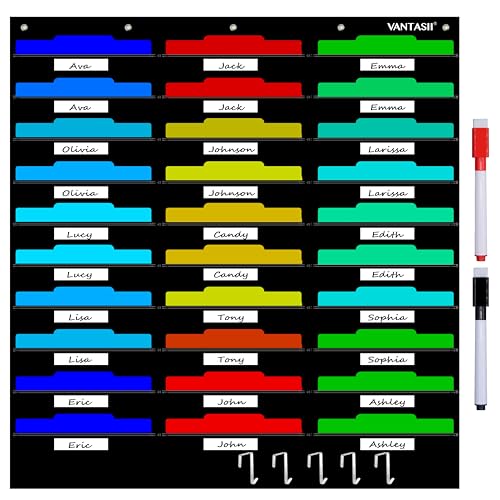 Vantasii Organization Center Pocket Chart, Wall File Organizer Folder with 30 File Pockets, 30 Dry-Erase Cards Plus 5 Over The Door Hooks and 8 Wall Hooks, 47 X 42 inch - Image 1