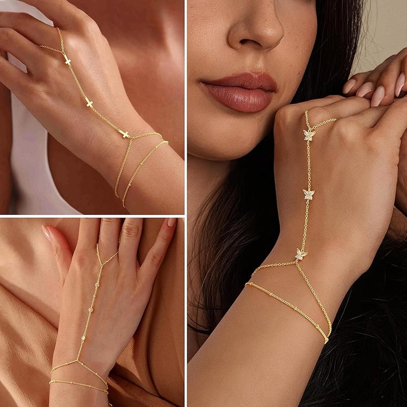 M MOOHAM 14K-Gold-Plated Hand Chain Bracelet for Women, Dainty Ring Bracelet Hands Chain Cubic Zirconia Clover Butterfly Cross Heart Finger Rings Bracelets for Women Teen Girl Gifts - Image 4