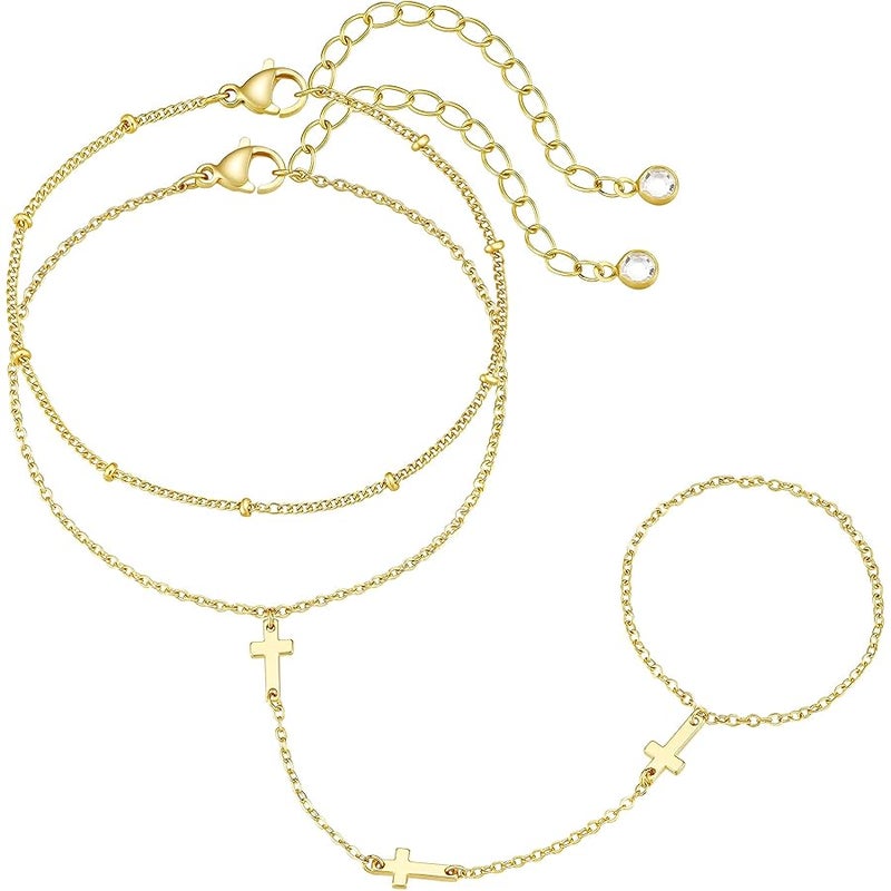 M MOOHAM 14K-Gold-Plated Hand Chain Bracelet for Women, Dainty Ring Bracelet Hands Chain Cubic Zirconia Clover Butterfly Cross Heart Finger Rings Bracelets for Women Teen Girl Gifts - Image 1