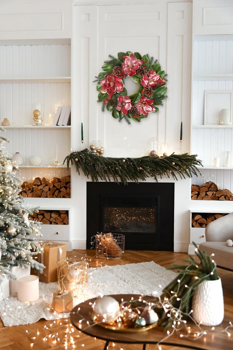 Briful 24in Christmas Magnolia Flower Wreath for Front Door Artificial Red Magnolia Floral Wreath with Pine Cones Berries Outdoor Christmas Wreath for Xmas Home Room Wall Window Mantle Decor - Image 4