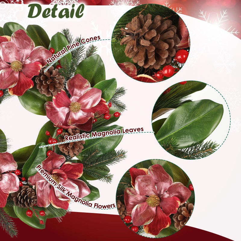 Briful 24in Christmas Magnolia Flower Wreath for Front Door Artificial Red Magnolia Floral Wreath with Pine Cones Berries Outdoor Christmas Wreath for Xmas Home Room Wall Window Mantle Decor - Image 3