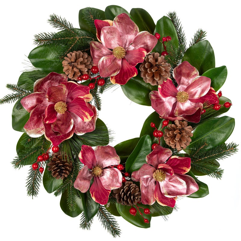 Briful 24in Christmas Magnolia Flower Wreath for Front Door Artificial Red Magnolia Floral Wreath with Pine Cones Berries Outdoor Christmas Wreath for Xmas Home Room Wall Window Mantle Decor - Image 1