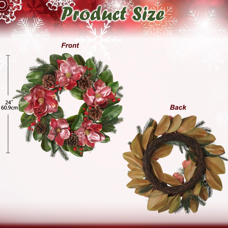 Briful 24in Christmas Magnolia Flower Wreath for Front Door Artificial Red Magnolia Floral Wreath with Pine Cones Berries Outdoor Christmas Wreath for Xmas Home Room Wall Window Mantle Decor - Image 2