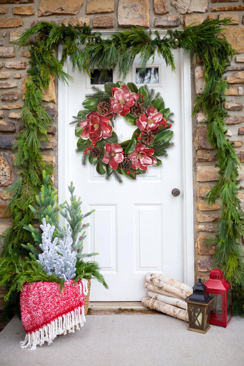 Briful 24in Christmas Magnolia Flower Wreath for Front Door Artificial Red Magnolia Floral Wreath with Pine Cones Berries Outdoor Christmas Wreath for Xmas Home Room Wall Window Mantle Decor - Image 5