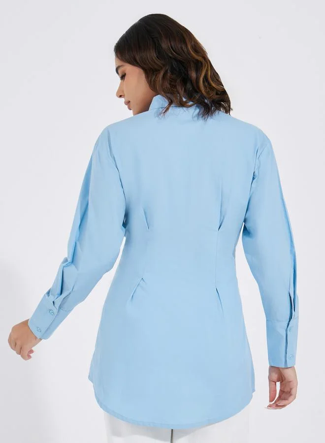 Styli Oversized Cotton Poplin Longline Pleated Buttoned Shirt