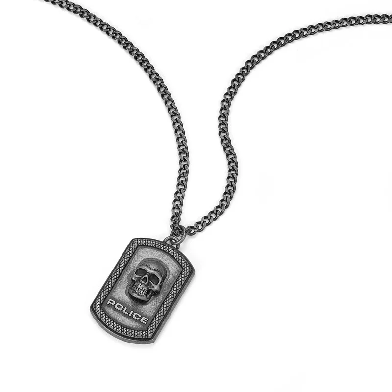 POLICE Cranio Antique Silver Stainless Steel Gents Necklace with Skull Emblem Pendant