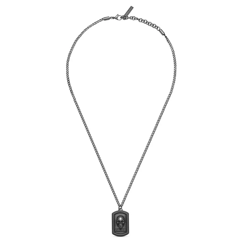 POLICE Cranio Antique Silver Stainless Steel Gents Necklace with Skull Emblem Pendant