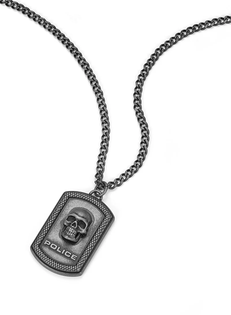 POLICE Cranio Antique Silver Stainless Steel Gents Necklace with Skull Emblem Pendant