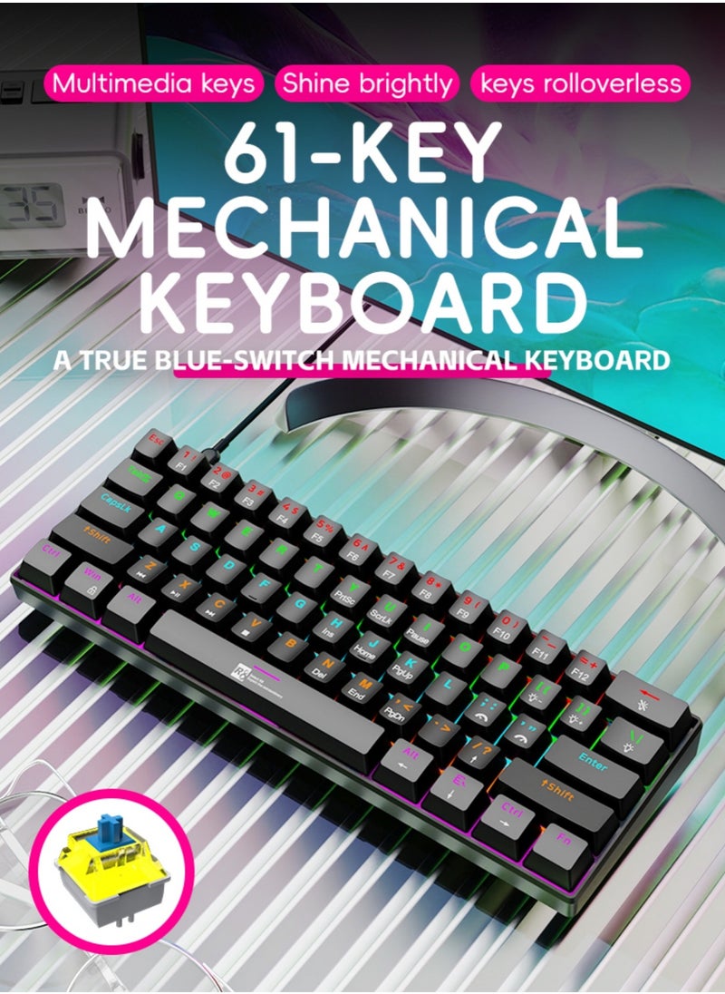 R8 - 61 Keys Tan Switch Mechanical Gaming Keyboard 60% Mini Wired Waterproof Backlit Silent White RGB Color Suitable for PC/Ps4/Xbox Gamers - Image 1
