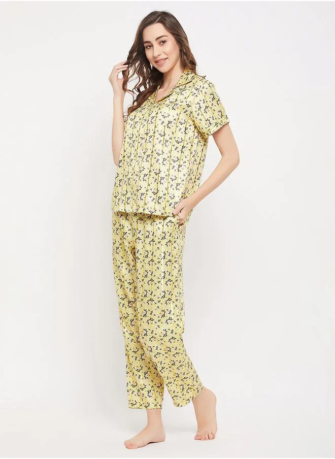 Clovia Floral Print Button Down Satin Shirt & Pyjama Set