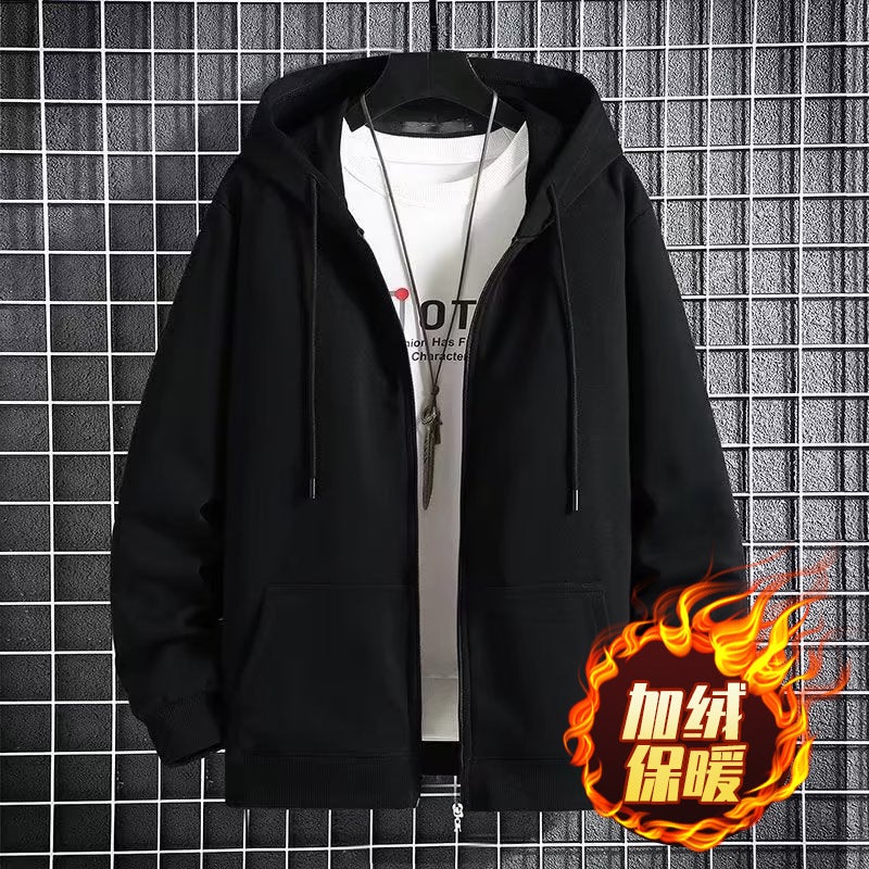In stock M-9XL non-inverted velvet sweater autumn and winter fleece-lined warm fat guy shirt plus size zipper top plus size mens clothing Black-fleece-lined