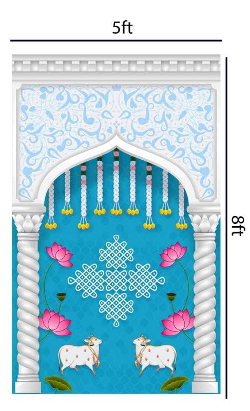 S2S Stylish Traditional 2 Dhenu with Flowers Backdrop Cloth | for Pooja Decoration Traditional Background Curtain Cloth | 8 Feet Height & 5 Feet Width - Image 2