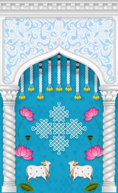 S2S Stylish Traditional 2 Dhenu with Flowers Backdrop Cloth | for Pooja Decoration Traditional Background Curtain Cloth | 8 Feet Height & 5 Feet Width - Image 5