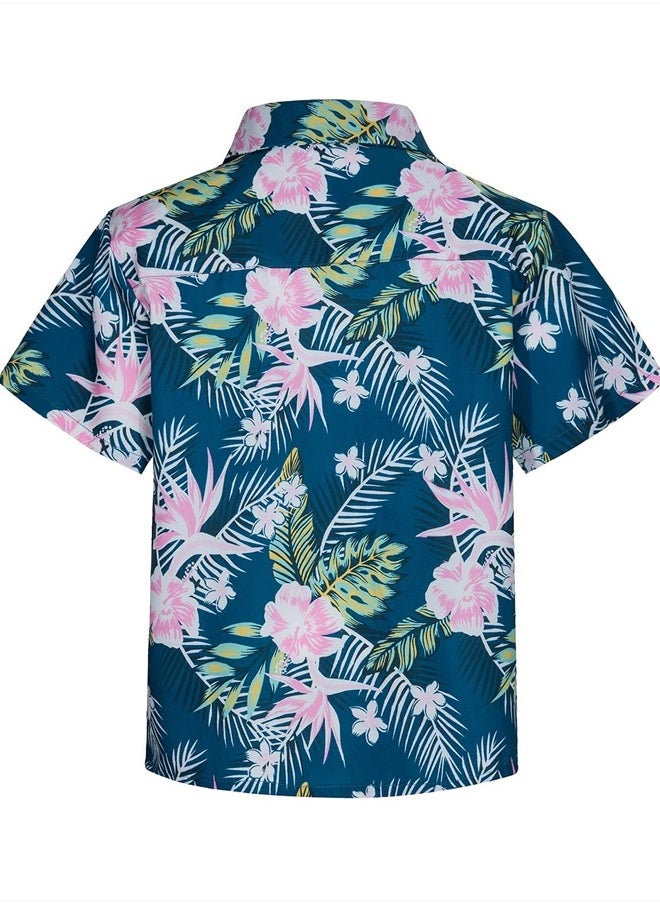 MOHEZ - Little & Big Boys Hawaiian Shirts Short Sleeve Flower Summer Beach Tropical Casual Aloha Luau Shirts Top for Kids Green 13-14 Years Old - Image 1