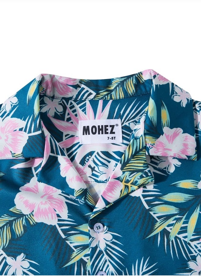 MOHEZ - Little & Big Boys Hawaiian Shirts Short Sleeve Flower Summer Beach Tropical Casual Aloha Luau Shirts Top for Kids Green 13-14 Years Old - Image 1