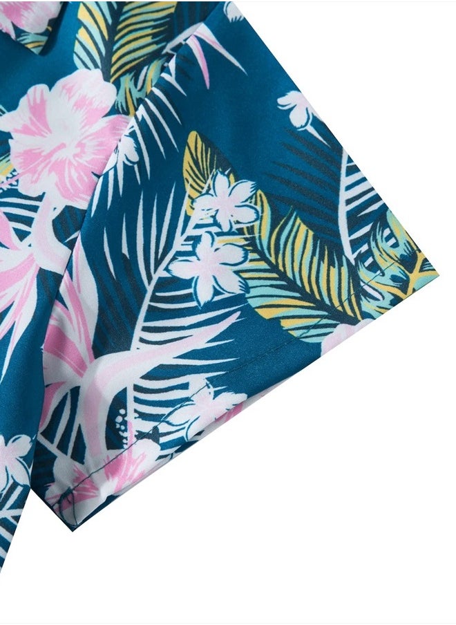 MOHEZ - Little & Big Boys Hawaiian Shirts Short Sleeve Flower Summer Beach Tropical Casual Aloha Luau Shirts Top for Kids Green 13-14 Years Old - Image 1