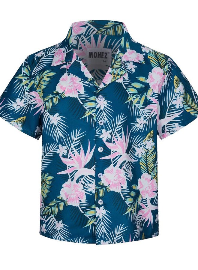 MOHEZ Little & Big Boys Hawaiian Shirts Short Sleeve Flower Summer Beach Tropical Casual Aloha Luau Shirts Top for Kids Green 13-14 Years Old - Image 1