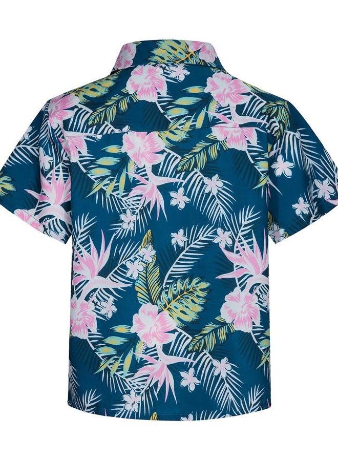 MOHEZ Little & Big Boys Hawaiian Shirts Short Sleeve Flower Summer Beach Tropical Casual Aloha Luau Shirts Top for Kids Green 13-14 Years Old - Image 2