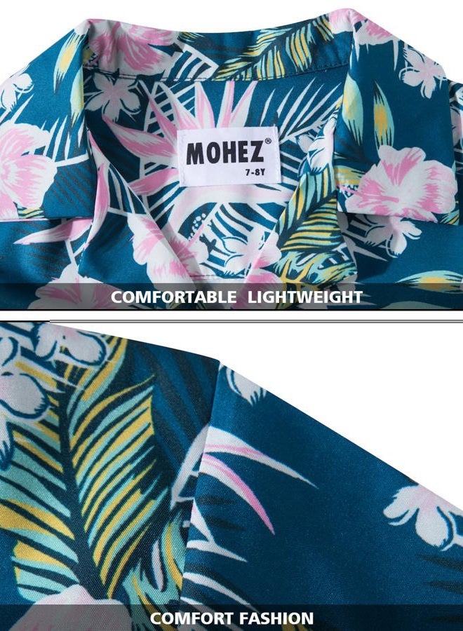 MOHEZ Little & Big Boys Hawaiian Shirts Short Sleeve Flower Summer Beach Tropical Casual Aloha Luau Shirts Top for Kids Green 13-14 Years Old - Image 3