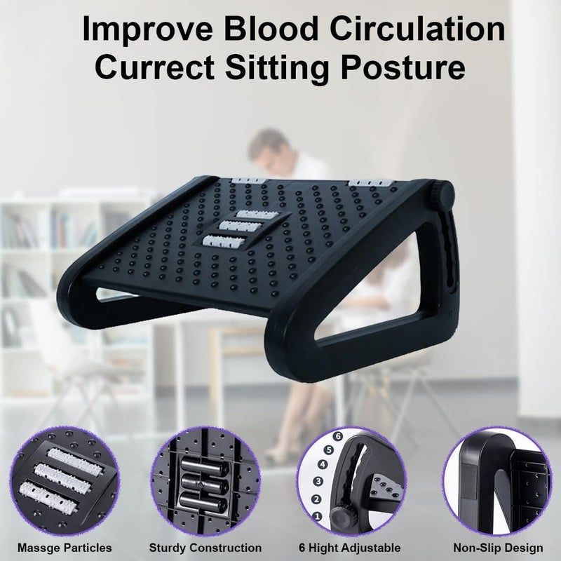 DEVZA وسادة دعم القدم تحت المكتب بارتفاعات قابلة للتعديل 6 مع أسطوانة تدليك لتخفيف الألم، أسود - Image 2