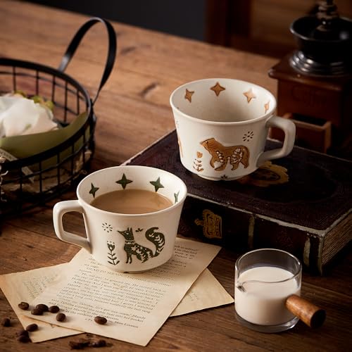 Swuut 12oz Vintage Ceramic Coffee Mug Set of 4 Handmade Stoneware Pottery Countryside Farmhouse Fall Autumn Tea Mugs with Big Handle for LatteCocoaDishwasher Microwave Safe Cups Animals - Image 3