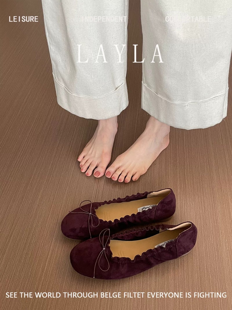 Women's Soft Sole Ballet Flats with Bow - 2026 Spring Autumn New Arrival Suede Round Toe Elegant Versatile Shoes