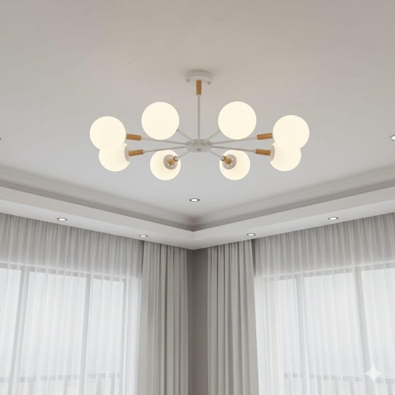 Modern Sputnik Chandelier, 8-Light, White with Wood Accents, Globe Glass Shades, Semi-Flush Mount Ceiling Light