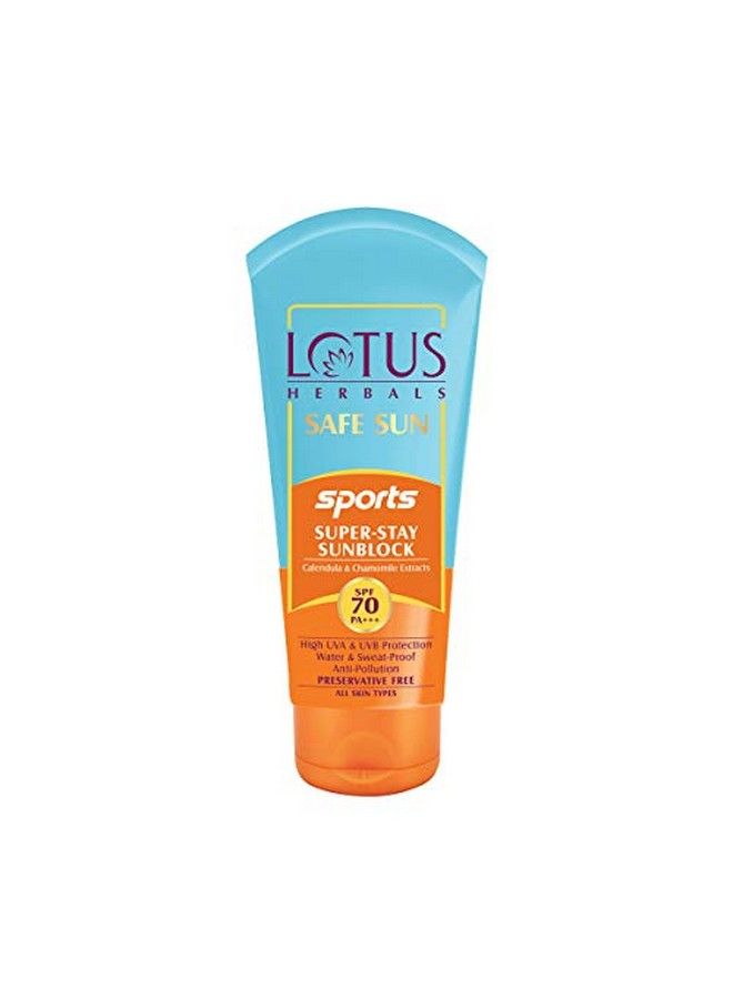 LOTUS HERBALS Safe Sun Sports Super Stay Sunscreen Cream Spf 70 Pa+++ Sweat & Waterproof Preservatives Free 80G  - Image 1