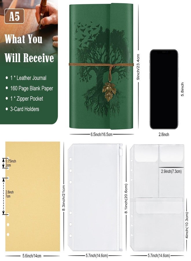 OMEYA Leather Journal Notebook, Travel Journal with 2 Pockets, Vintage Refillable Journal for Writing, Diary Journal for Women, Men, Girls and Boys, 100GSM Blank Paper, 160 Pages (Green A5 16.5 x 23.4cm) - Image 2