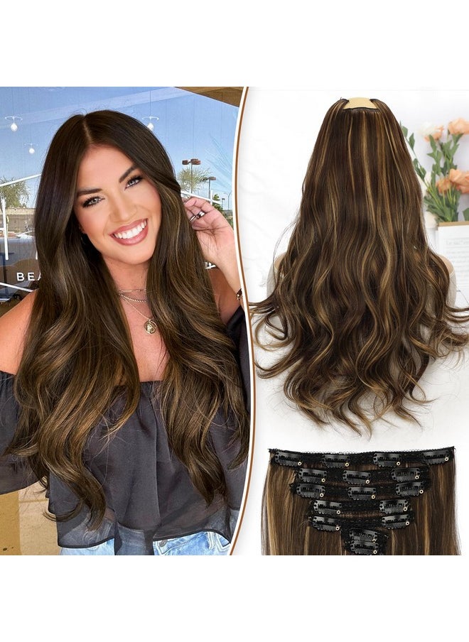 KooKaStyle Clip In Hair Extensions Thick Long Straight Hair Extensions Upgrade Soft Lace Weft Lightweight 7Pcs Layered Hair Extensions Medium Brown With Warm Highlights 20Inch For Women  - Image 1
