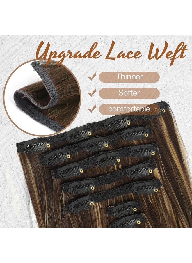 KooKaStyle Clip In Hair Extensions Thick Long Straight Hair Extensions Upgrade Soft Lace Weft Lightweight 7Pcs Layered Hair Extensions Medium Brown With Warm Highlights 20Inch For Women  - Image 2